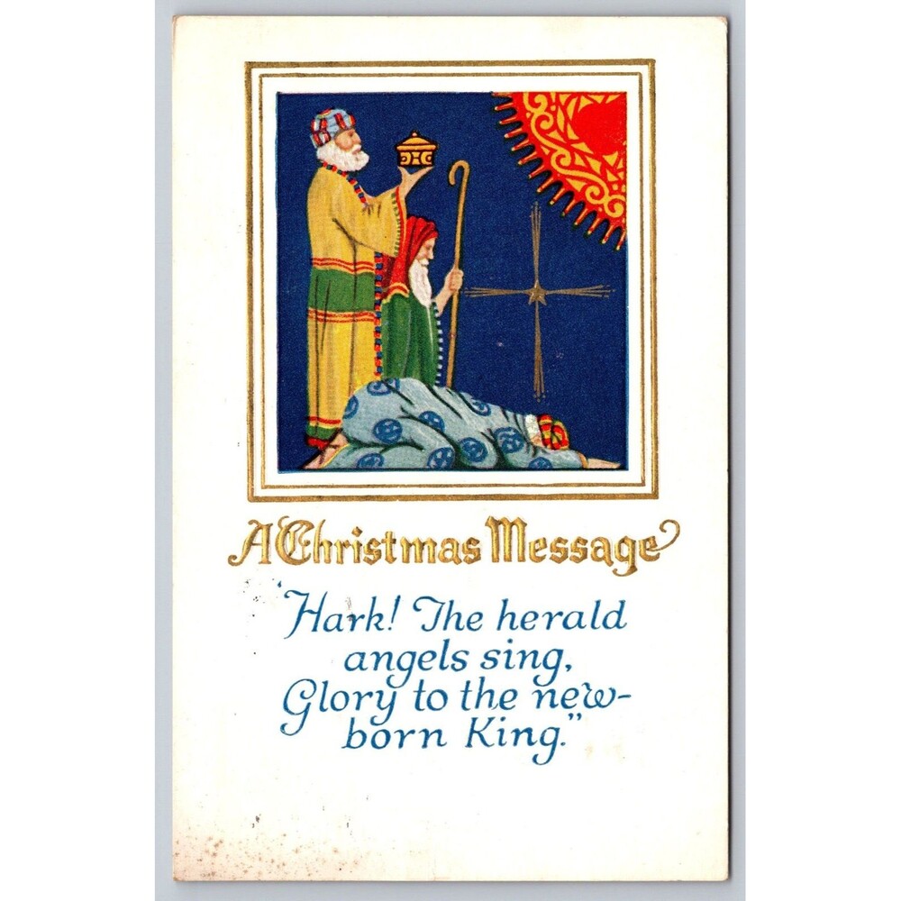 Postcard Christmas Message Hark The Herald Angels Sing Embossed Posted c1920s